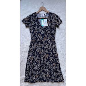 NWT LEOTA Jemima Faux Perfect Wrap Knit Cap Sleeve Dress Floral Paisley Navy